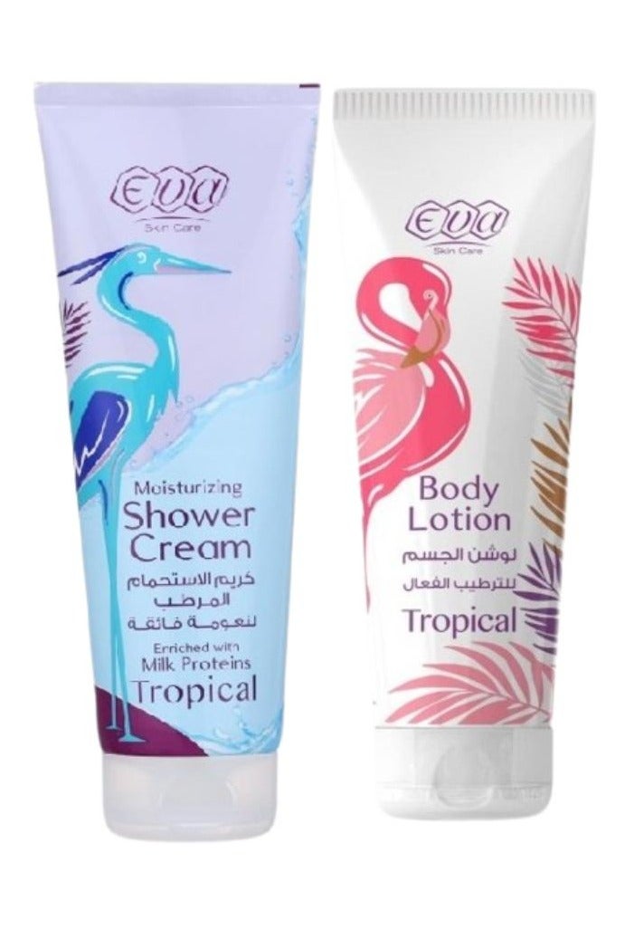 إيفا كريم الاستحمام المرطب الاستوائية + لوشن الجسم للعناية بالبشرة من إيفا بالروائح الاستوائية 240 ملى - Image 1