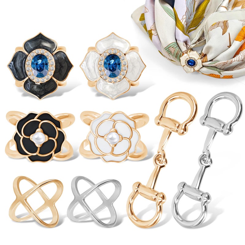 Philbinden 8 Sets Scarf Ring Elegant Horsebit Buckles Metal Clips for Women Scarves Pin Tshirt Ties Clip Perfect for Silk Scarves, Shawls, and Fashion Accessories - Image 1