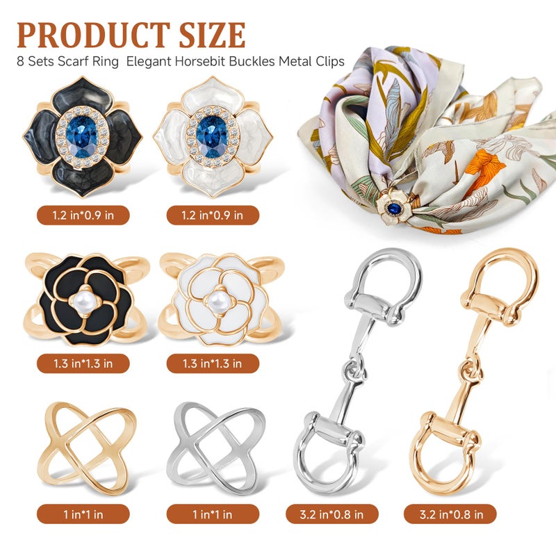 Philbinden 8 Sets Scarf Ring Elegant Horsebit Buckles Metal Clips for Women Scarves Pin Tshirt Ties Clip Perfect for Silk Scarves, Shawls, and Fashion Accessories - Image 2