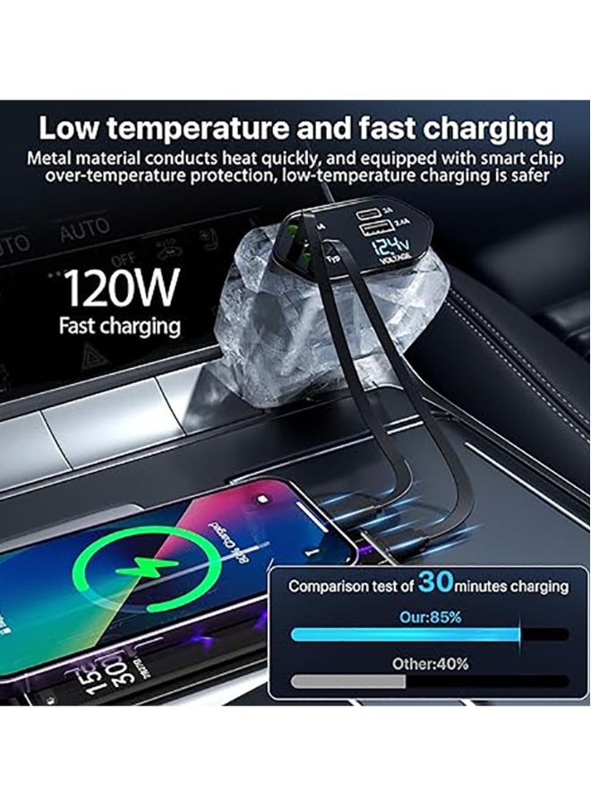 DUSALA Retractable Car Charger 120W, 4 in 1 Fast Charge Car Phone Charger, Retractable Cable (31.5 inch) and 2 USB Ports Car Charger Adapter Compatible with iPhone 16/15/14/13/12 Pro Max XR,iPad,Pixel - Image 4