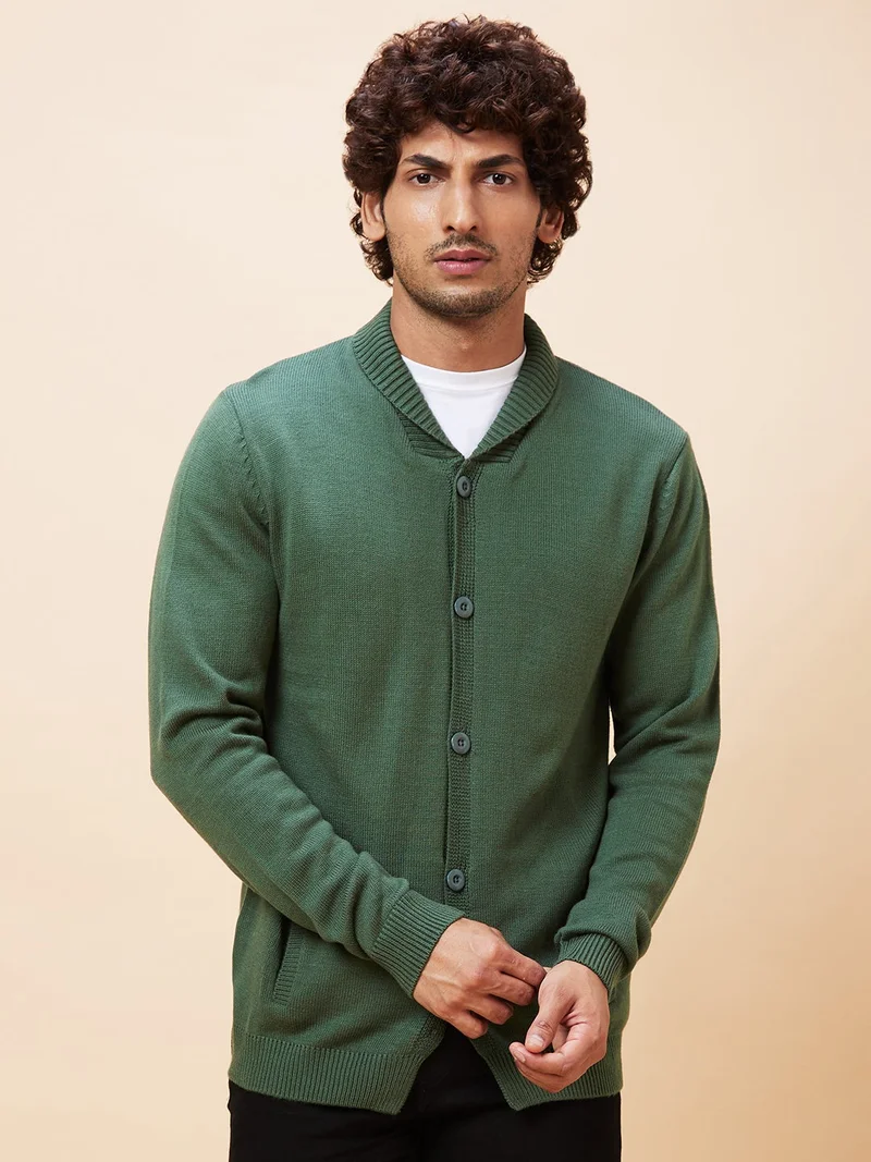 جلو باص كارديجان سويتر رجالي أخضر سادة كاجوال