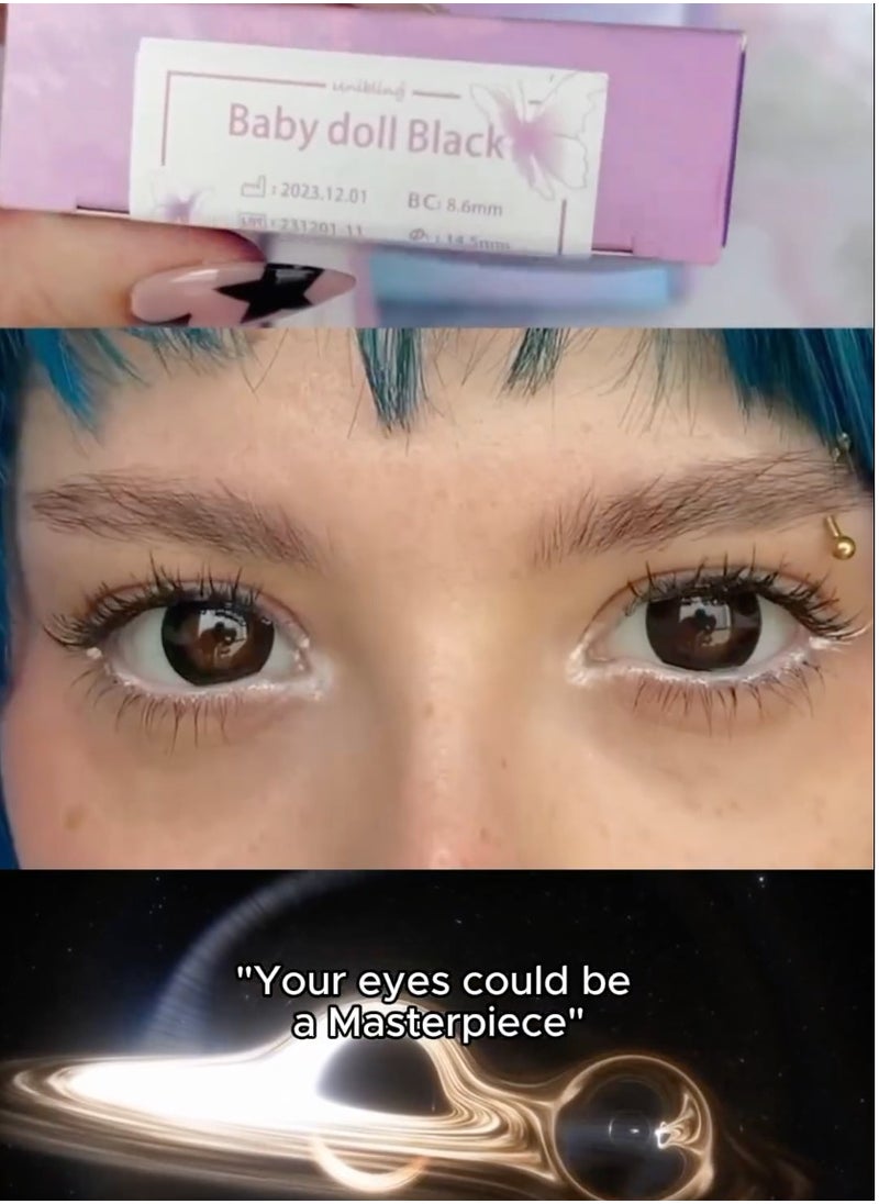 Unibling Baby Doll Black Yearly Colored Prescription Contact Lenses, Unisex Cosmetic Contact Lenses, Enlargement Collection, Black, With Case  - Image 4