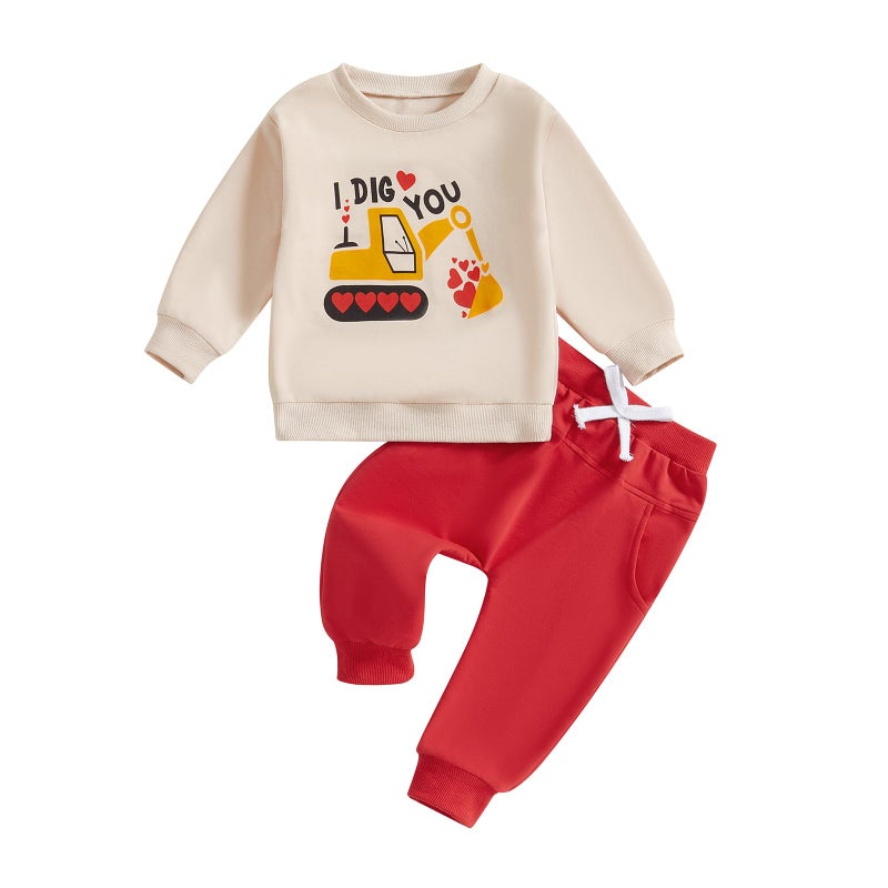 BeQeuewll Baby Boy Valentines Day Outfit Love Clothes Long Sleeve Truck Letter Sweatshirt Jogger Pants Outfits Winter Spring (Truck Dig Apricot, 2-3T) - Image 1