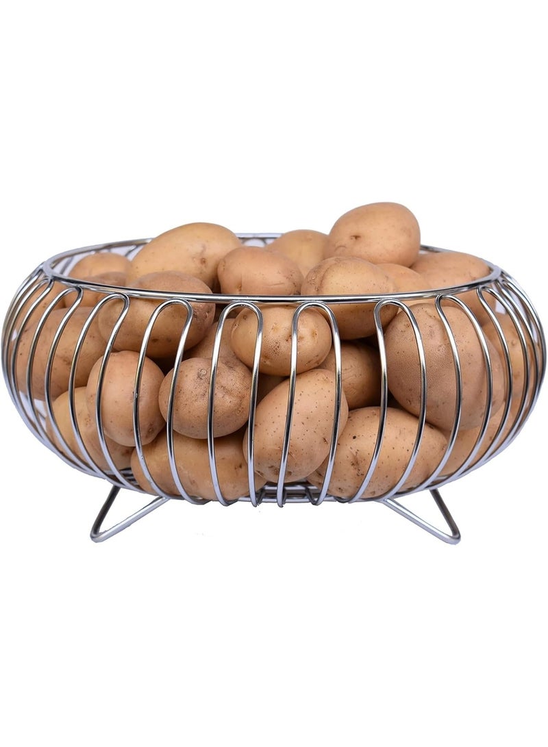 دونيكارت وعاء أنيق دائري من الأسلاك المعدنية للفواكه والخضراوات | سلة تخزين دائرية كبيرة للخبز والفواكه والخضراوات | منظم متعدد الاستخدامات لسطح المطبخ وطاولة الطعام | فضي - Image 1