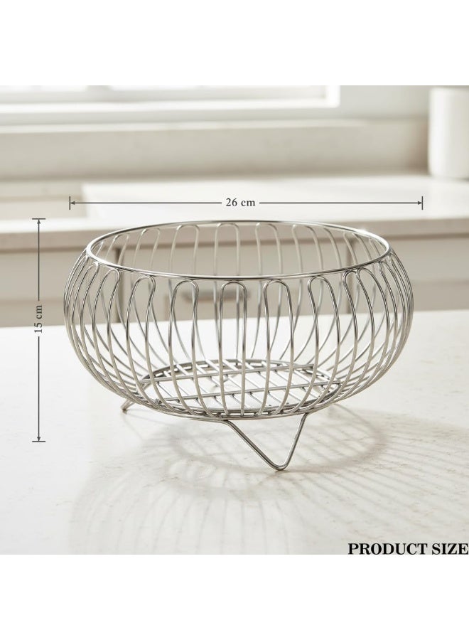 دونيكارت وعاء أنيق دائري من الأسلاك المعدنية للفواكه والخضراوات | سلة تخزين دائرية كبيرة للخبز والفواكه والخضراوات | منظم متعدد الاستخدامات لسطح المطبخ وطاولة الطعام | فضي - Image 2