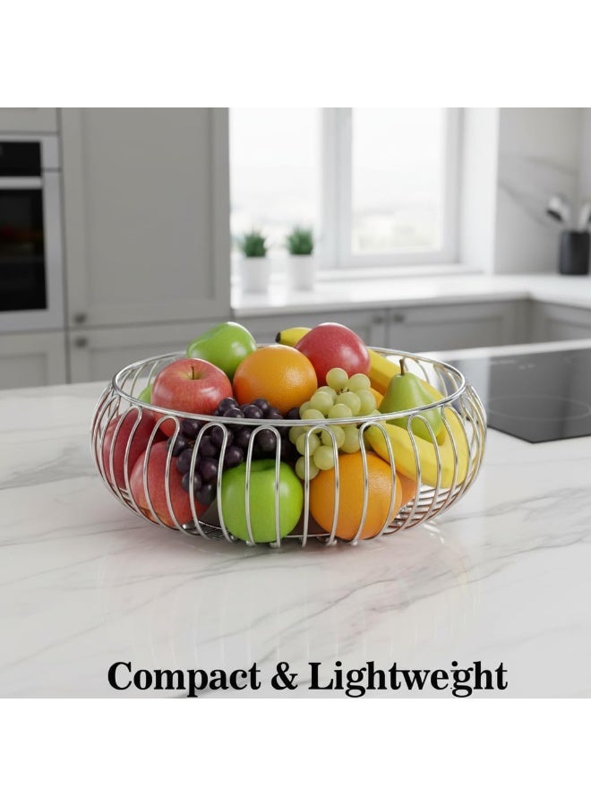 دونيكارت وعاء أنيق دائري من الأسلاك المعدنية للفواكه والخضراوات | سلة تخزين دائرية كبيرة للخبز والفواكه والخضراوات | منظم متعدد الاستخدامات لسطح المطبخ وطاولة الطعام | فضي - Image 3