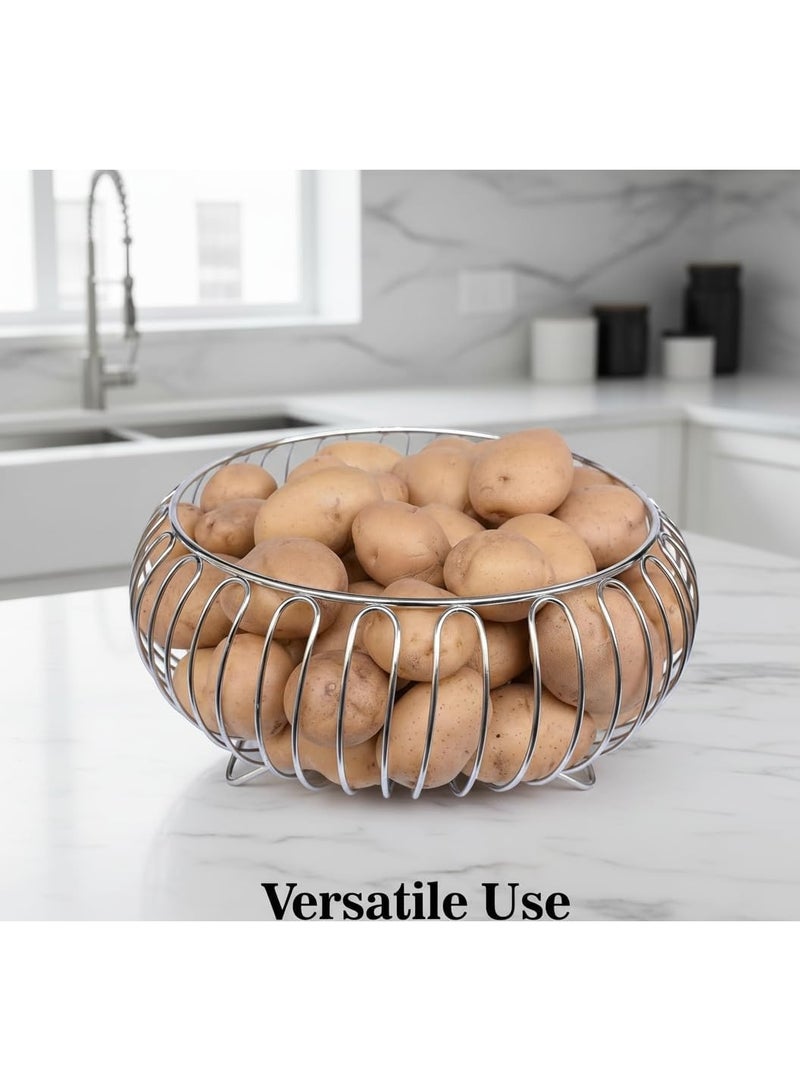 دونيكارت وعاء أنيق دائري من الأسلاك المعدنية للفواكه والخضراوات | سلة تخزين دائرية كبيرة للخبز والفواكه والخضراوات | منظم متعدد الاستخدامات لسطح المطبخ وطاولة الطعام | فضي - Image 4