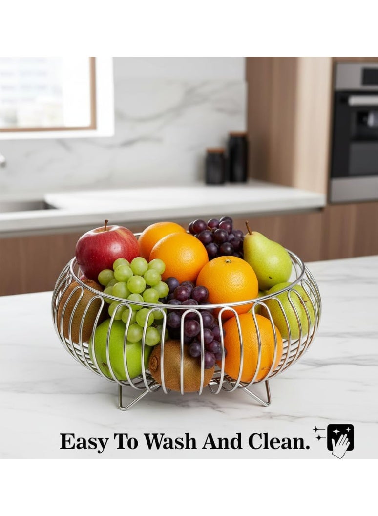 دونيكارت وعاء أنيق دائري من الأسلاك المعدنية للفواكه والخضراوات | سلة تخزين دائرية كبيرة للخبز والفواكه والخضراوات | منظم متعدد الاستخدامات لسطح المطبخ وطاولة الطعام | فضي - Image 5