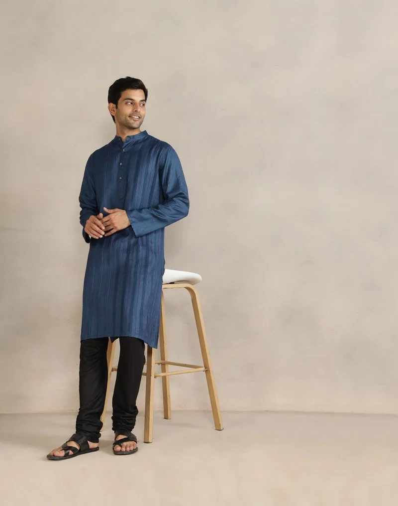 فاب انديا Navy Viscose Silk Pintucks Long Kurta
