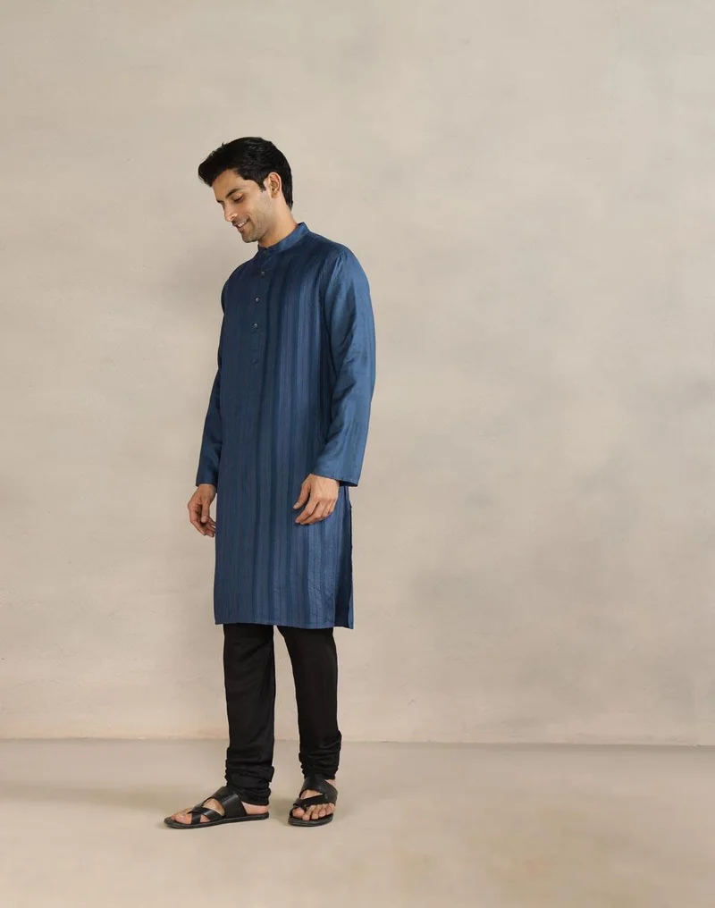 Fabindia Navy Viscose Silk Pintucks Long Kurta