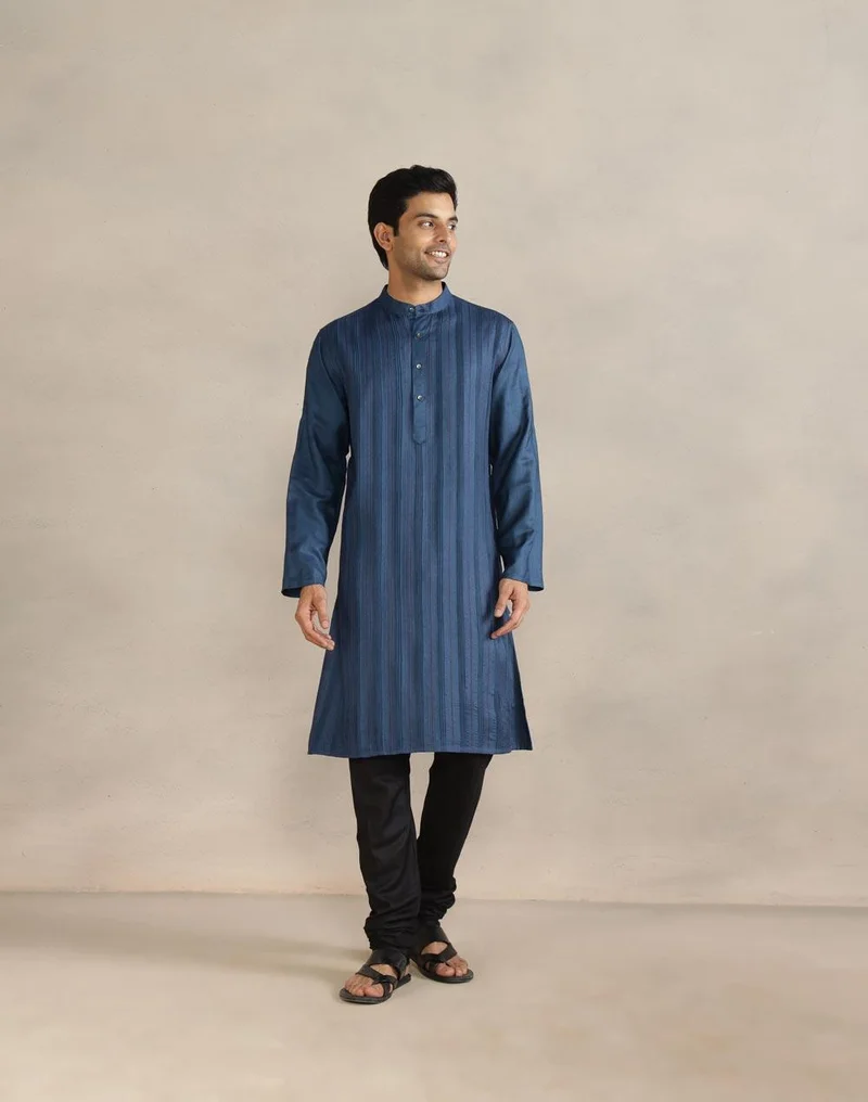 فاب انديا Navy Viscose Silk Pintucks Long Kurta