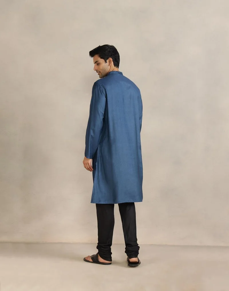 Fabindia Navy Viscose Silk Pintucks Long Kurta