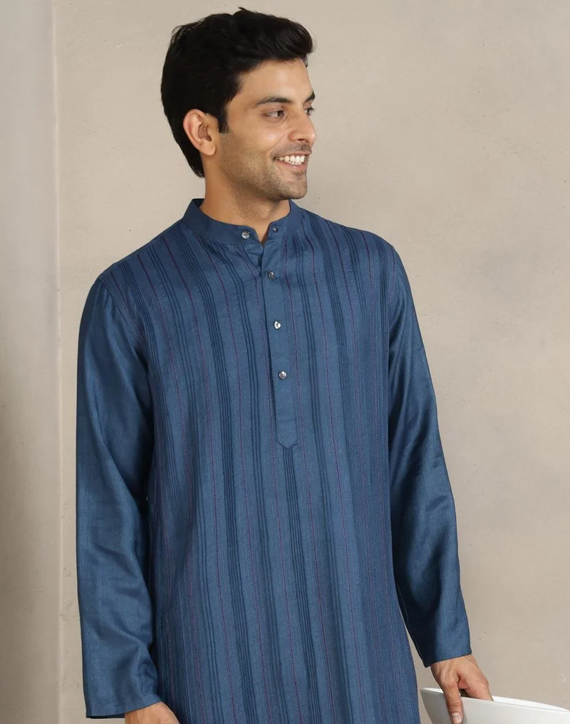 Fabindia Navy Viscose Silk Pintucks Long Kurta