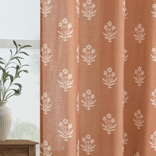 Lino Rosa Boho Curtains 84 Inch Length 2 Panels Set for Bedroom,Vintage Floral Rustic Bohemian Terracotta Rust Color Block Print Western Long Linen Sheer Printed Farmhouse Curtains for Living Room - Image 1