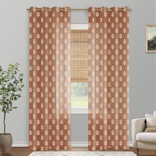 Lino Rosa Boho Curtains 84 Inch Length 2 Panels Set for Bedroom,Vintage Floral Rustic Bohemian Terracotta Rust Color Block Print Western Long Linen Sheer Printed Farmhouse Curtains for Living Room - Image 5