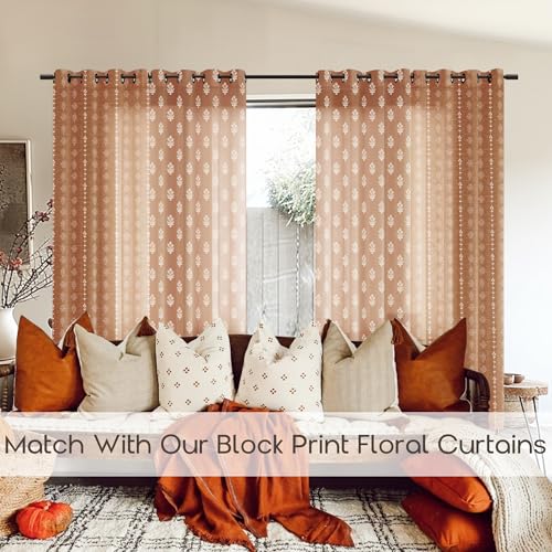 Lino Rosa Boho Curtains 84 Inch Length 2 Panels Set for Bedroom,Vintage Floral Rustic Bohemian Terracotta Rust Color Block Print Western Long Linen Sheer Printed Farmhouse Curtains for Living Room - Image 3