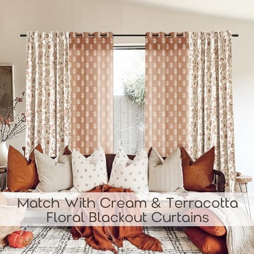 Lino Rosa Boho Curtains 84 Inch Length 2 Panels Set for Bedroom,Vintage Floral Rustic Bohemian Terracotta Rust Color Block Print Western Long Linen Sheer Printed Farmhouse Curtains for Living Room - Image 2