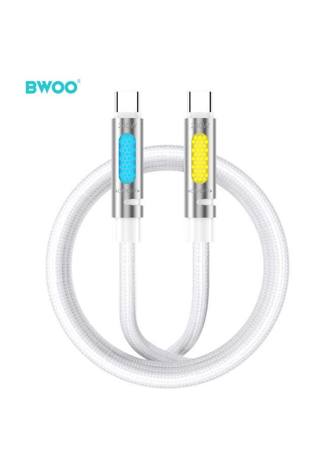 كابل شحن BWOO USB-C إلى USB-C بقوة 240 واط مع إضاءة RGB، كابل شحن سريع بطول 1.2 متر لأجهزة الكمبيوتر المحمولة والهواتف
