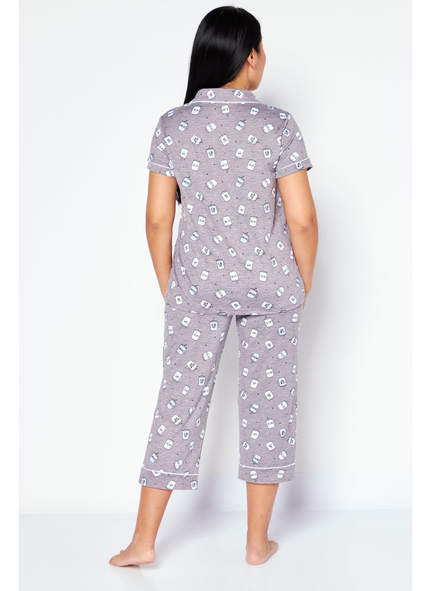 Women 2 Pieces All Over Print Top And Bottom Pajama Set, Grey - pzsku/Z78C08E9E3AB5CDC5BBD1Z/45/_/1724351155/c9f362af-be8d-4280-8864-db0fbe5319a4