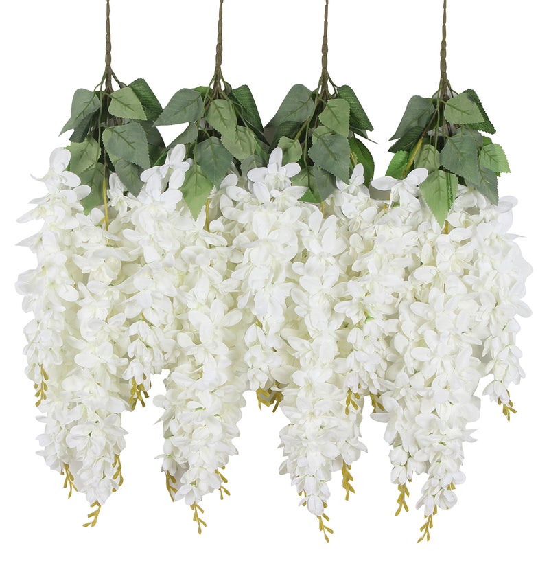 Duovlo Silk Wisteria Flower Artificial 2.13 Feet Hanging Wisteria Vine Fake Flower Bush String Home Party Wedding Decoration,Pack of 4ï¼ˆWhiteï¼‰ - Image 1