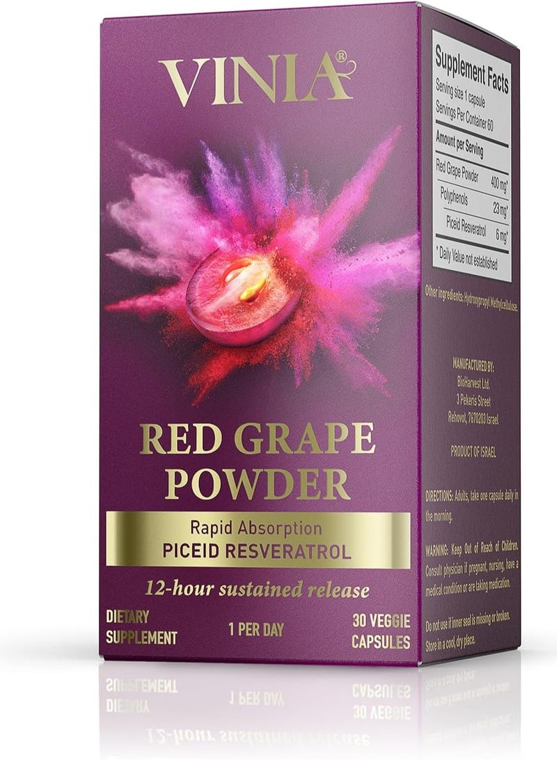 VINIA مسحوق العنب الأحمر سريع الامتصاص piceid ريسفيراترول 12 ساعة إطلاق مستدام 30 كبسولة نباتية - Image 1