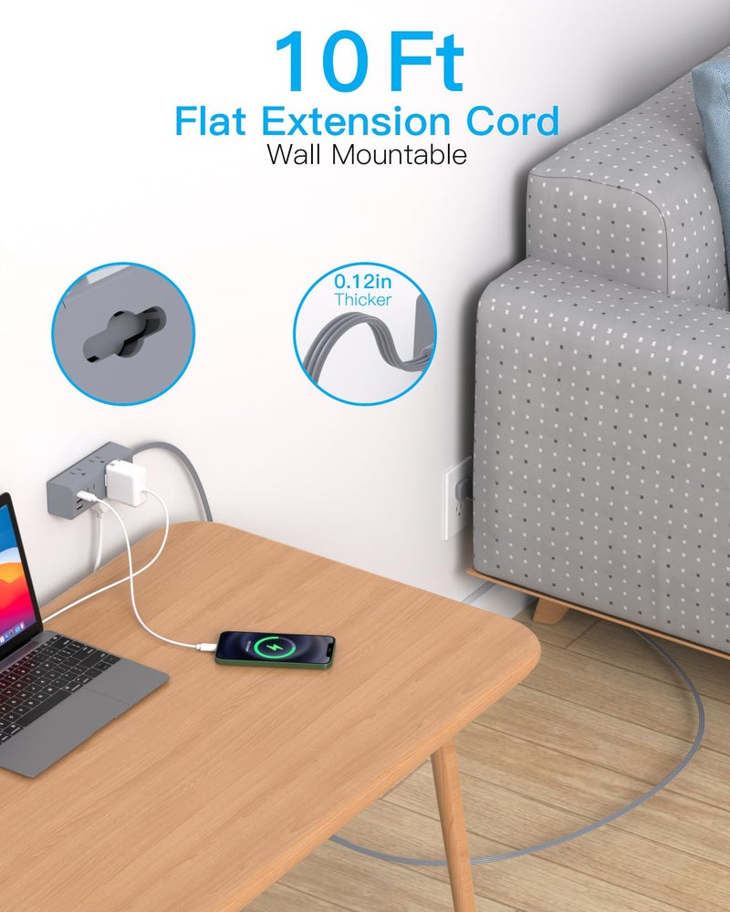 One Beat 10Ft Extension Cord with Multiple Outlets, Flat Plug Power Strip Surge Protector with 10 Ft Long Cord, 6 Outlet 3 USB Ports (1 USB C), Multi Outlet Wall Plug for Travel, Dorm Room Essentials-Grey - Image 2