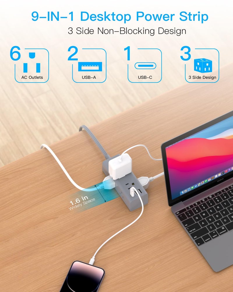 One Beat 10Ft Extension Cord with Multiple Outlets, Flat Plug Power Strip Surge Protector with 10 Ft Long Cord, 6 Outlet 3 USB Ports (1 USB C), Multi Outlet Wall Plug for Travel, Dorm Room Essentials-Grey - Image 4