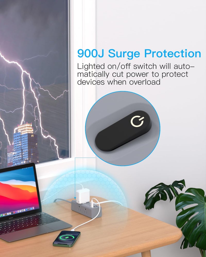 One Beat 10Ft Extension Cord with Multiple Outlets, Flat Plug Power Strip Surge Protector with 10 Ft Long Cord, 6 Outlet 3 USB Ports (1 USB C), Multi Outlet Wall Plug for Travel, Dorm Room Essentials-Grey - Image 3