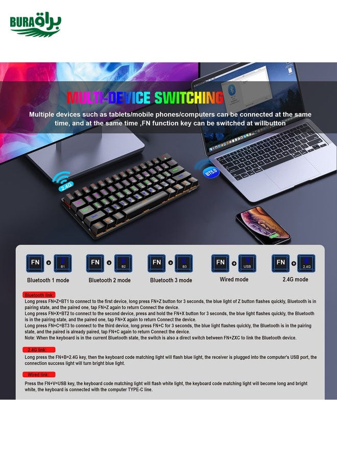 BURAQ - HXSJ L800 61 Keys Bluetooth 5.0 / 2.4G Wireless / Type-C Wired Three Modes Blue Shaft Mechanical Keyboard(White) - Image 1