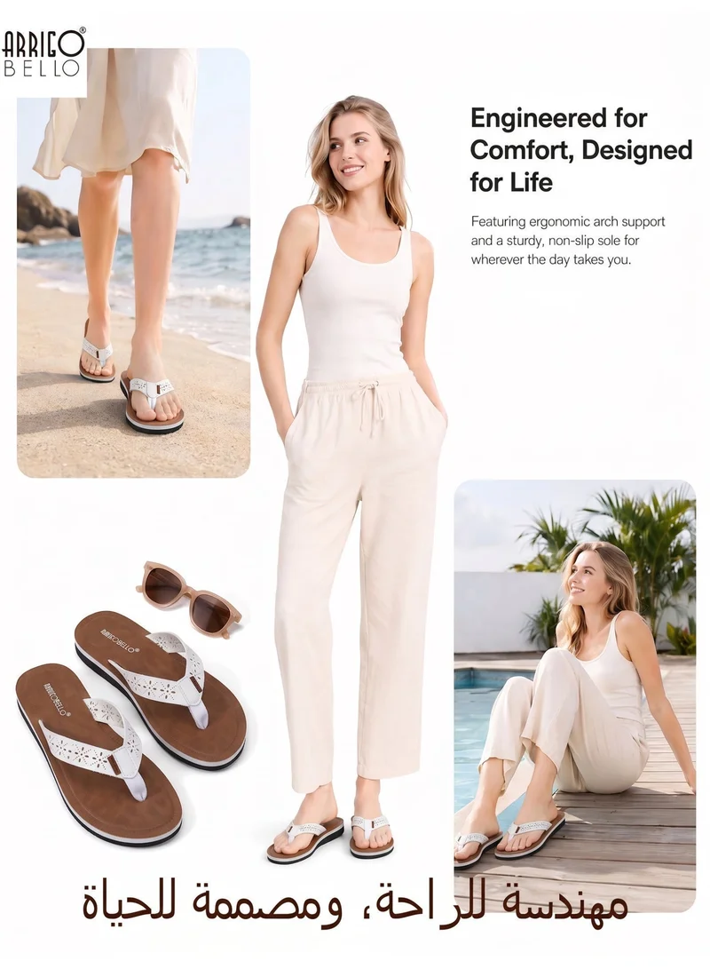 ARRIGO BELLO white Women's Comfort Leather Thong Sandals Stylish Cut-Out Flip Flops Quick Dry Summer Beach Slippers for Women | Best Price UAE