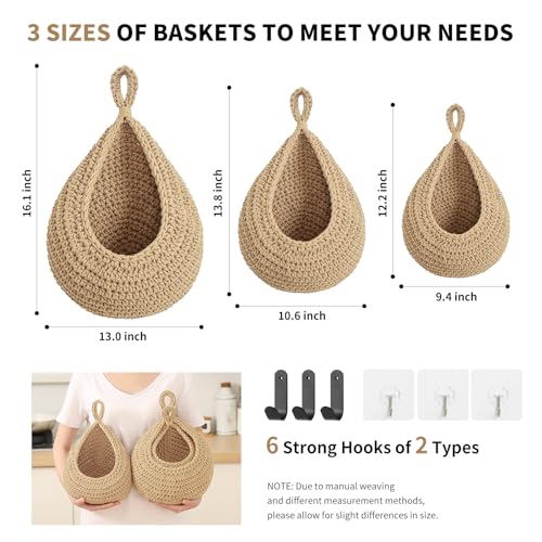 INJORAN Boho Wall Hanging Fruit Baskets for Kitchen 3 Pack Woven Produce Holder with 6 Pcs Strong Hooks Vegetable Hanging Basket for Organizing Teardrop Home Wall Potato Onion Storage, Linen - Image 4