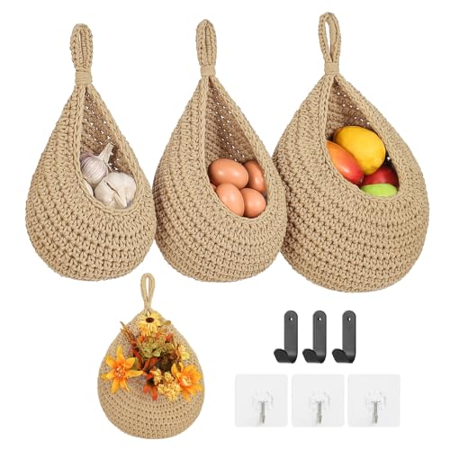 INJORAN Boho Wall Hanging Fruit Baskets for Kitchen 3 Pack Woven Produce Holder with 6 Pcs Strong Hooks Vegetable Hanging Basket for Organizing Teardrop Home Wall Potato Onion Storage, Linen - Image 1
