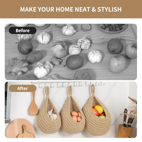 INJORAN Boho Wall Hanging Fruit Baskets for Kitchen 3 Pack Woven Produce Holder with 6 Pcs Strong Hooks Vegetable Hanging Basket for Organizing Teardrop Home Wall Potato Onion Storage, Linen - Image 5