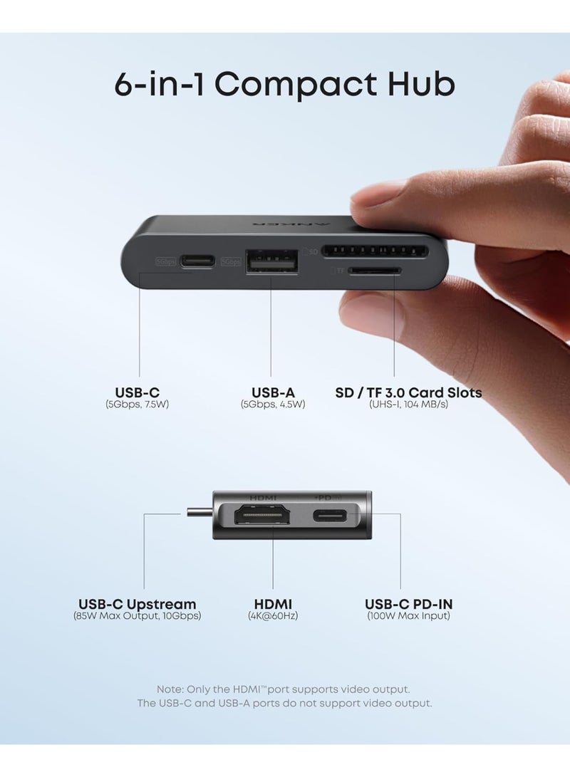 Anker Nano USB C Hub, 6-in-1 Compact USB-C Hub with 85W PD Charging (Charger Not Included), 4K@60Hz HDMI, 10Gbps USB-C, 5Gbps USB-A, SD/TF Card Readers, for MacBook, Lenovo, HP, and More black - Image 3