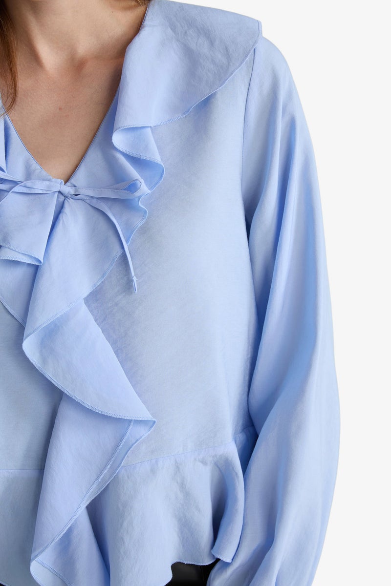 DeFacto Blue Woman Regular Fit V-Neck Long Sleeve Blouse Casual - Image 4