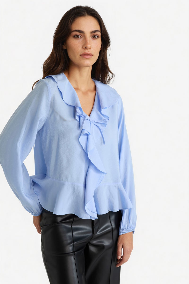 DeFacto Blue Woman Regular Fit V-Neck Long Sleeve Blouse Casual - Image 3