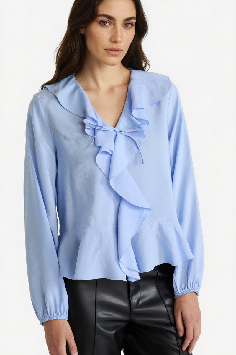 DeFacto Blue Woman Regular Fit V-Neck Long Sleeve Blouse Casual - Image 1