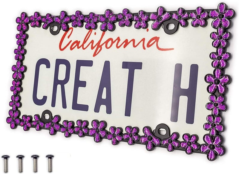 CRAFTHOME 3D Shining Daisy Wrenth License Plate Frame from Pure Zinc Alloy Metal Perfect Plate Holder,Matt Black with Purple Glitter - Image 1