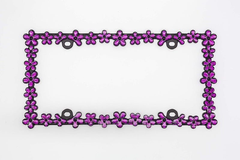 CRAFTHOME 3D Shining Daisy Wrenth License Plate Frame from Pure Zinc Alloy Metal Perfect Plate Holder,Matt Black with Purple Glitter - Image 2