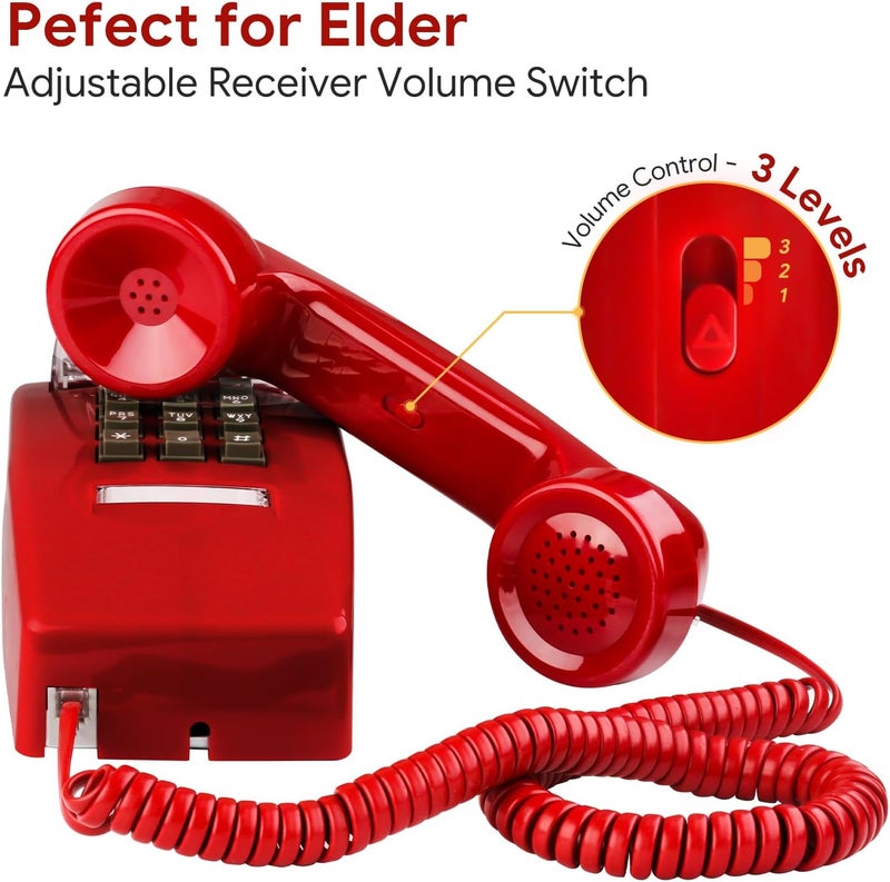 Sangyn Retro Wall Phones for Landline with Mechanical Ringer Corded Telephone Wall Mounted with Indicator Waterproof Old Style Landline Phones for Home Kitchen, Red - Image 2