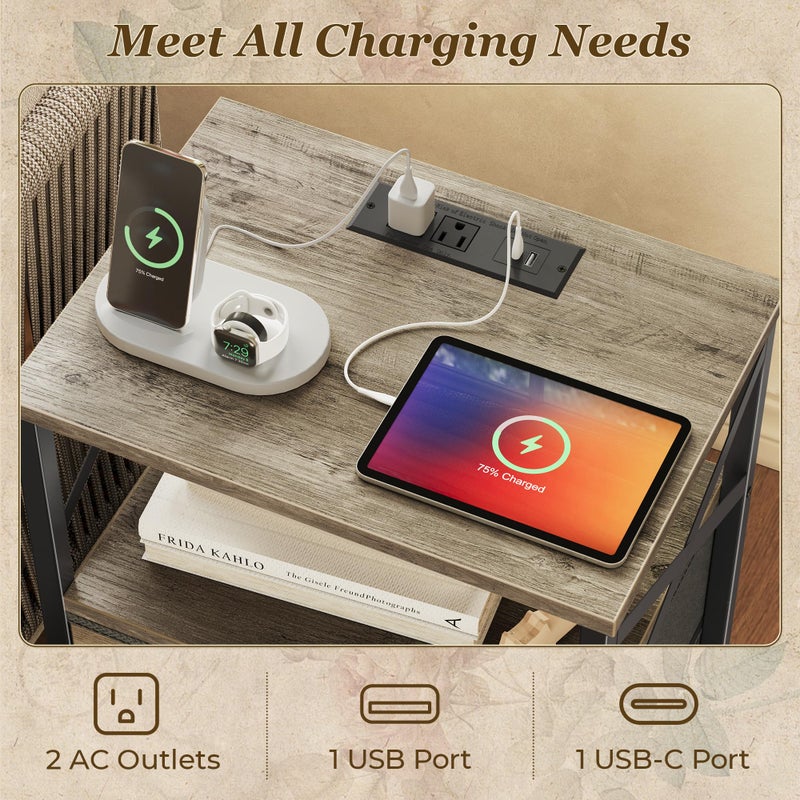 Huuger Nightstands Set of 2, Night Stand with Charger Station, 2 Drawer Side Table with Open Shelf, USB-C Port, End Table for Small Spaces, X Shaped Side Rail, Oak - Image 4