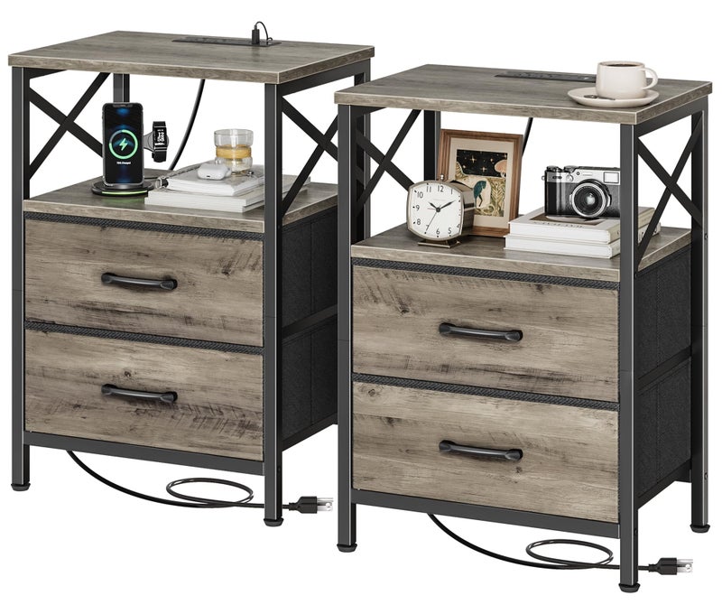 Huuger Nightstands Set of 2, Night Stand with Charger Station, 2 Drawer Side Table with Open Shelf, USB-C Port, End Table for Small Spaces, X Shaped Side Rail, Oak - Image 1