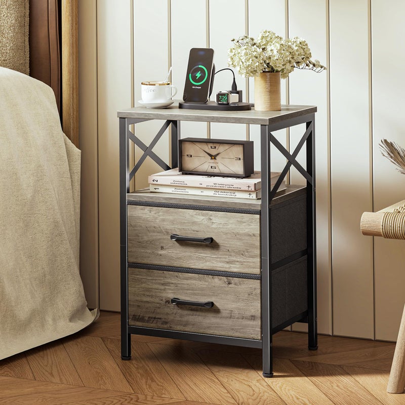 Huuger Nightstands Set of 2, Night Stand with Charger Station, 2 Drawer Side Table with Open Shelf, USB-C Port, End Table for Small Spaces, X Shaped Side Rail, Oak - Image 2
