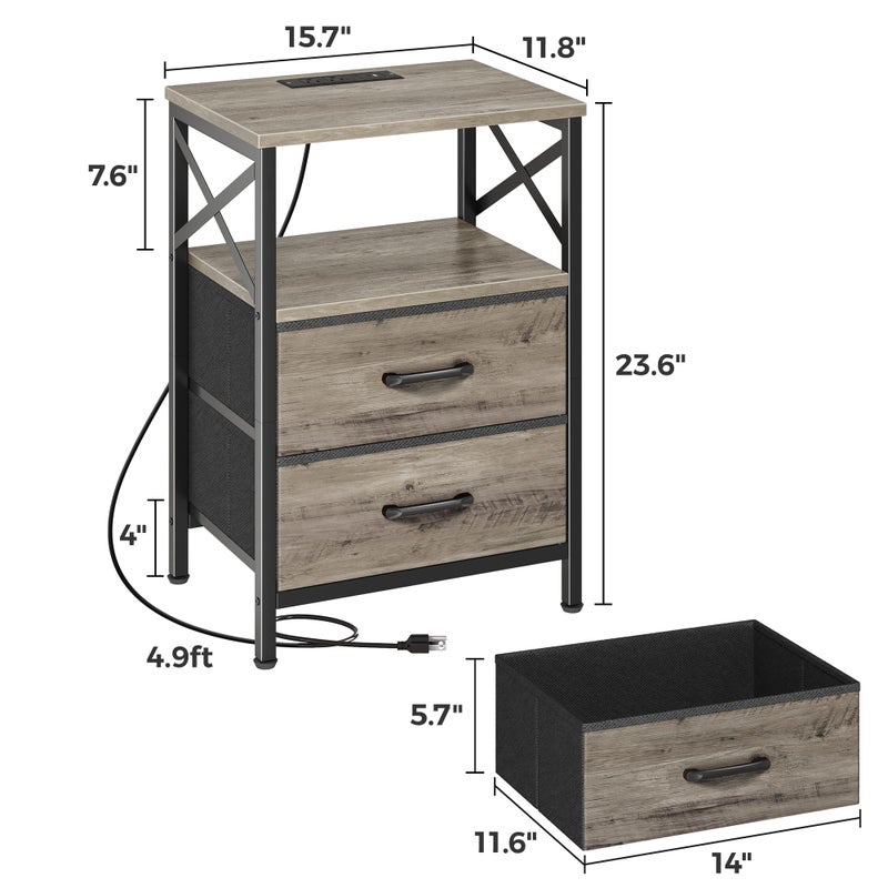 Huuger Nightstands Set of 2, Night Stand with Charger Station, 2 Drawer Side Table with Open Shelf, USB-C Port, End Table for Small Spaces, X Shaped Side Rail, Oak - Image 3