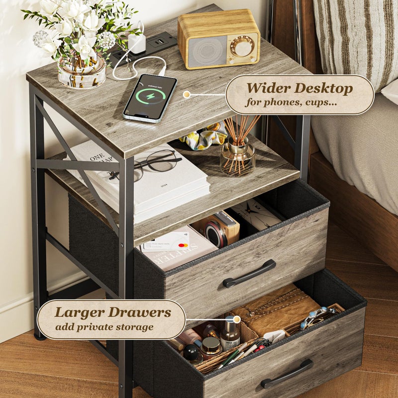 Huuger Nightstands Set of 2, Night Stand with Charger Station, 2 Drawer Side Table with Open Shelf, USB-C Port, End Table for Small Spaces, X Shaped Side Rail, Oak - Image 5