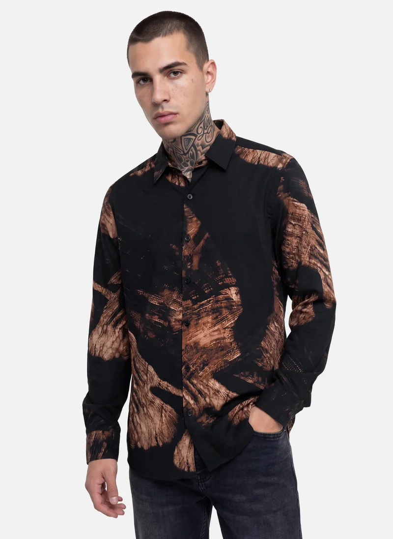 SNITCH Black Abstract Long Sleeve Slim Fit Casual Shirt