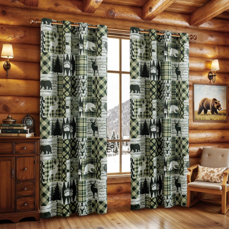 Tritard Green Rustic Cabin Curtains 2 Panels Country Style Curtain 50% Light Blocking Darkening Grommet Window Treatments Farmhouse Patchwork Plaid Drapes Decorative for Living Room Bedroom, 52x84 inches - Image 2