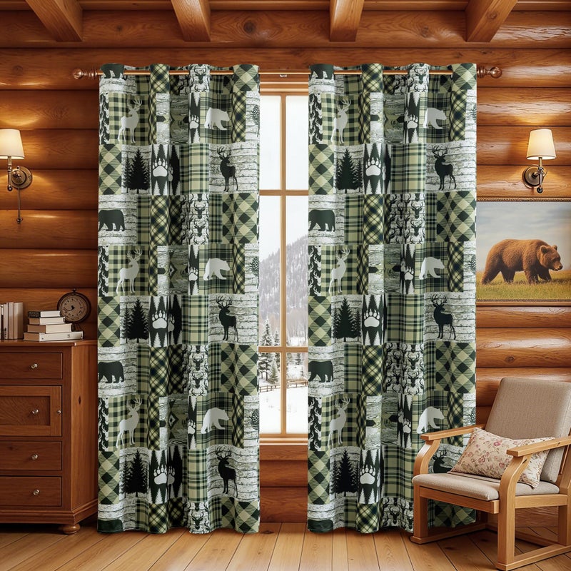 Tritard Green Rustic Cabin Curtains 2 Panels Country Style Curtain 50% Light Blocking Darkening Grommet Window Treatments Farmhouse Patchwork Plaid Drapes Decorative for Living Room Bedroom, 52x84 inches - Image 1