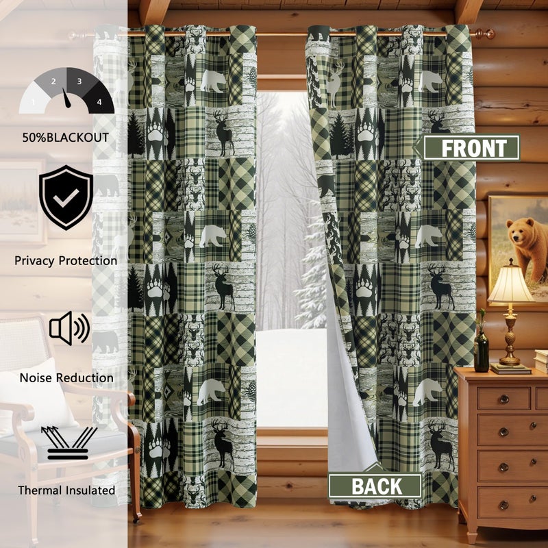 Tritard Green Rustic Cabin Curtains 2 Panels Country Style Curtain 50% Light Blocking Darkening Grommet Window Treatments Farmhouse Patchwork Plaid Drapes Decorative for Living Room Bedroom, 52x84 inches - Image 4