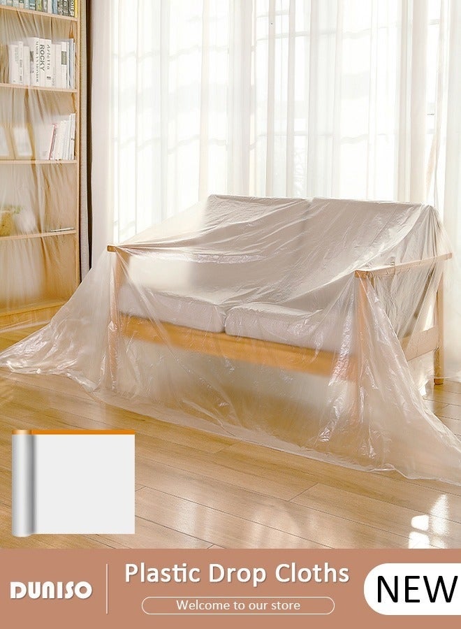 DUNISO Plastic Drop Cloths, Waterproof Anti-Dust Furniture Cover With Adhesive Strip, Thicken Painters Drop Cloth, Disposable Plastic Cover for Painting Protection, Large Anti Dust Clear Cover for Sofa Furniture Floor Wall Protection - Image 1